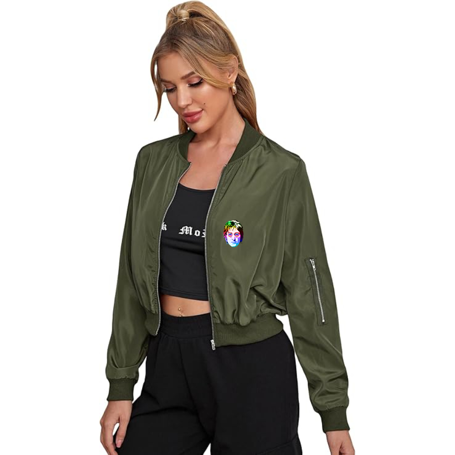 Women's John Lennon Face Art Music Lightweight Bomber Biker Jacket Zip up Windbreaker Crop Bomber Jacket Coat